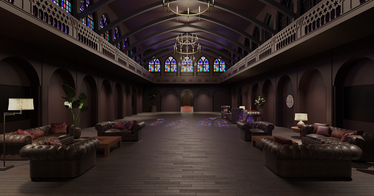 An immersive 3D brand experience—inside the virtual clubhouse of the Knights of Degens, with cozy seating, gothic windows, and event-ready spaces.
